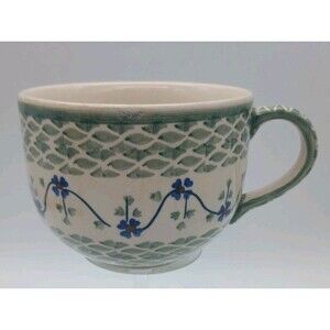 Boleslawiec Polish Pottery Lucky Green 18oz Latte Mug Blue Flower